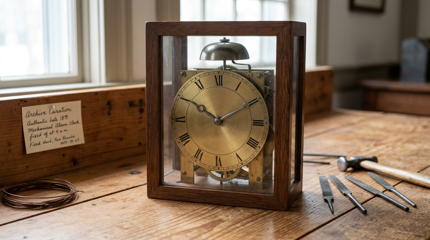 Levi Hutchins’ 1787 alarm clock was built to wake him at 4 a.m., and unlike modern alarm clocks it could ring only at that one fixed time.