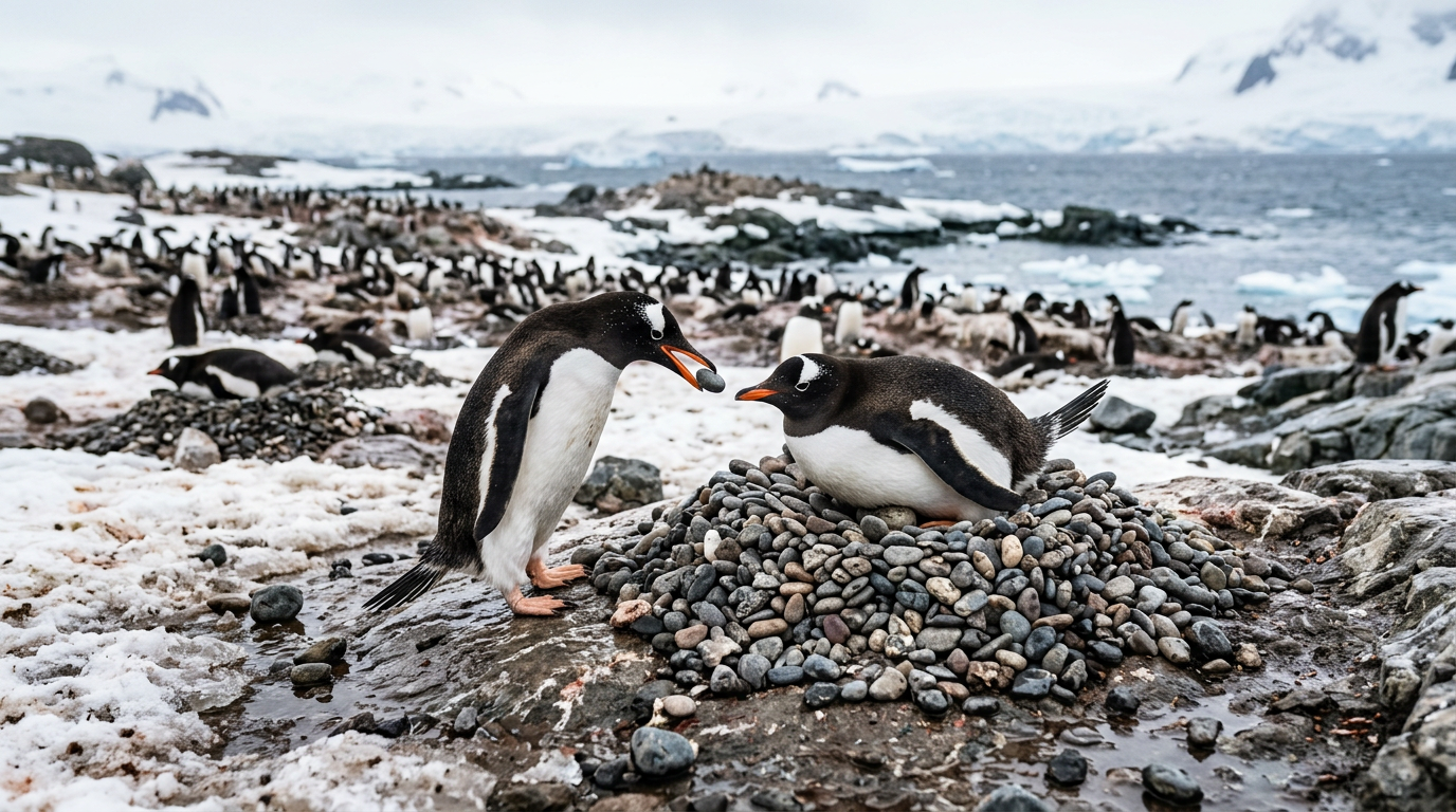 Gentoo penguins offering pebbles for nest building and courtship.