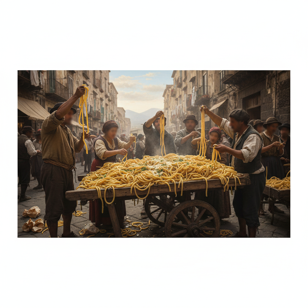 Naples macaroni seller serving street food, eaten by hand.