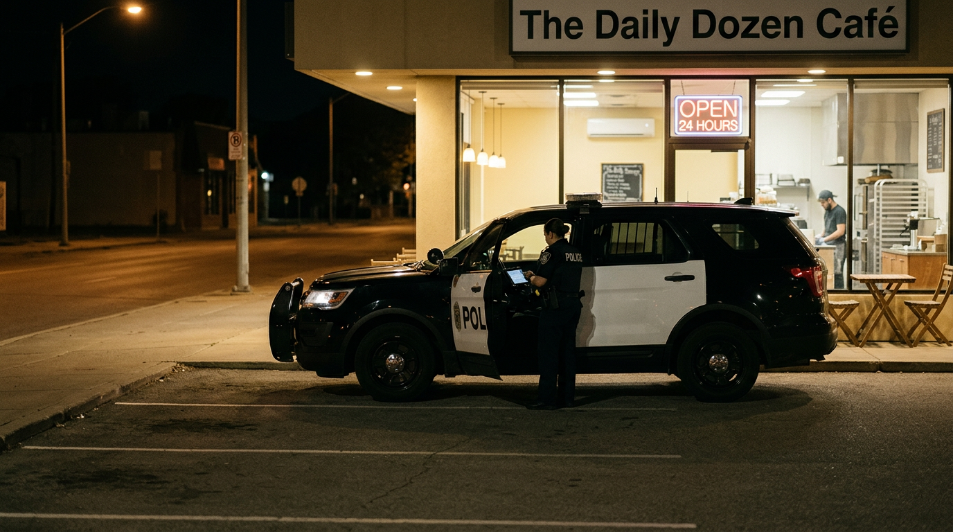 Police officers enjoying doughnuts at a late-night shop