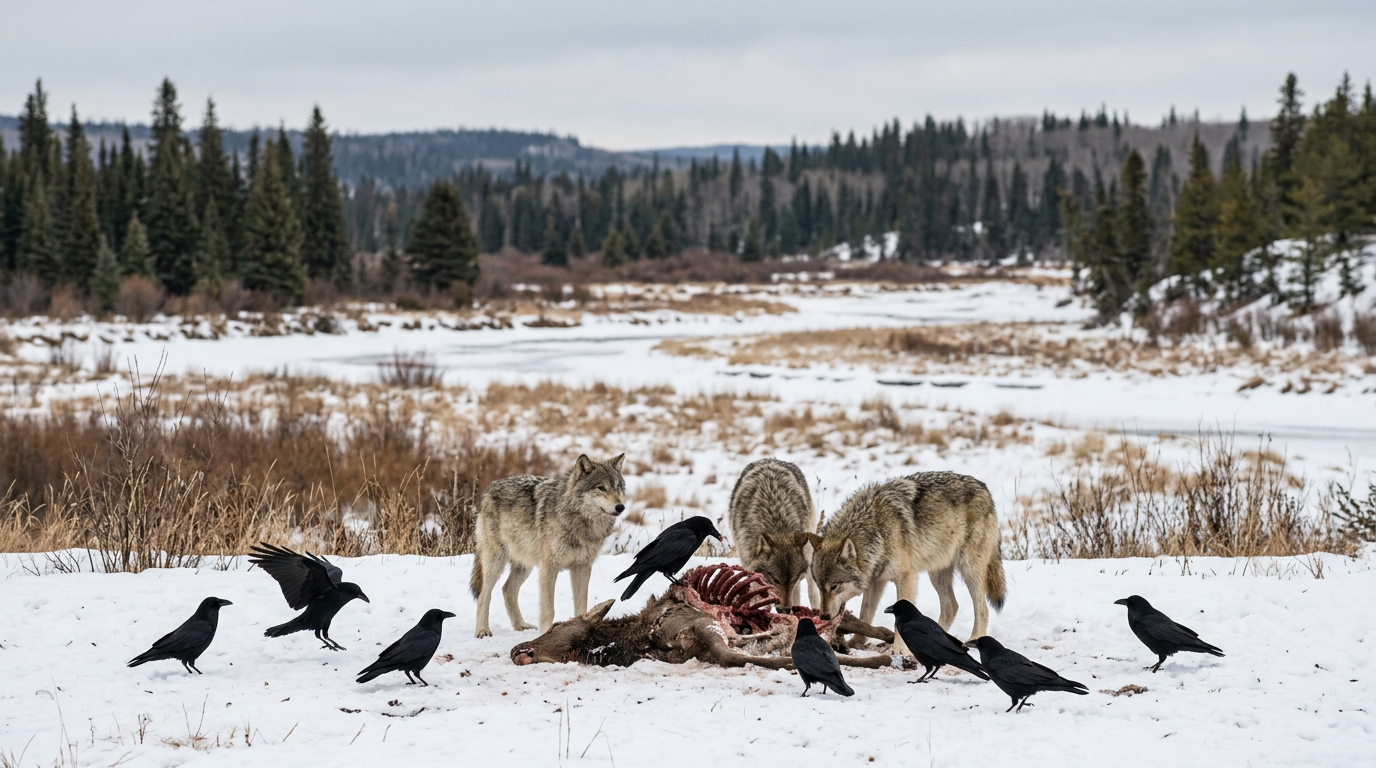 Ravens feeding on wolf kill carrion in a forest.