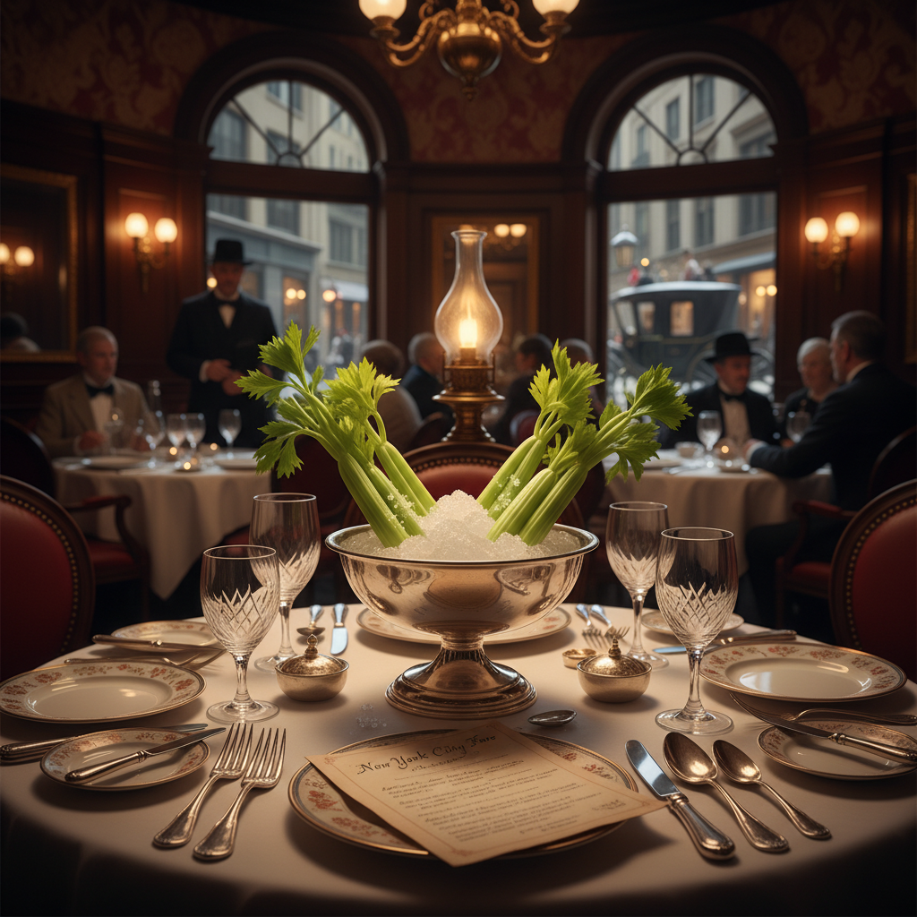 Raw celery stalk displayed as a luxury item on a vintage New York City menu.