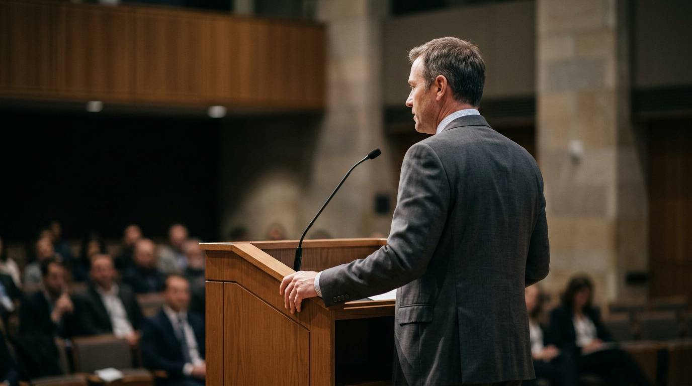 Man with deep voice speaking into microphone at work, symbolizing higher pay research.