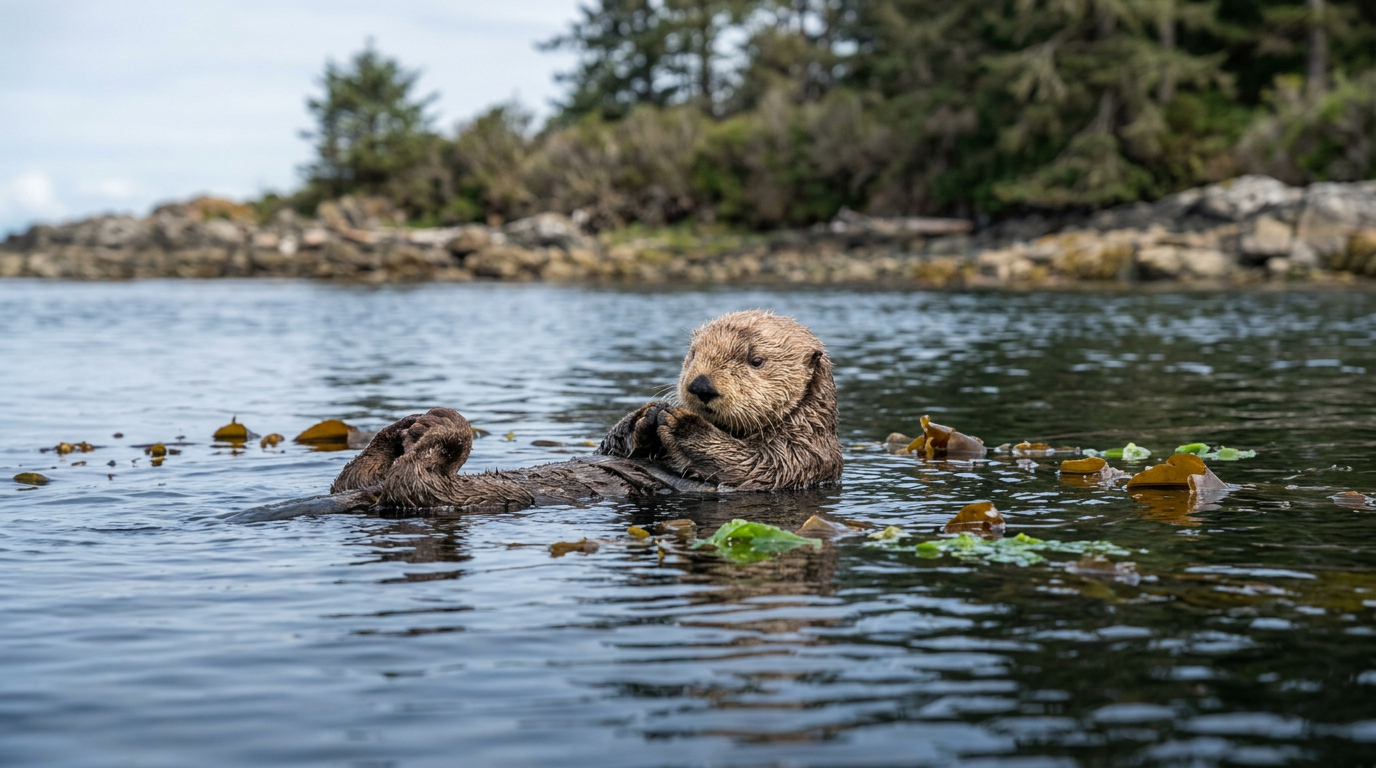 Sea otter with rock tool and skin pouch under forearm