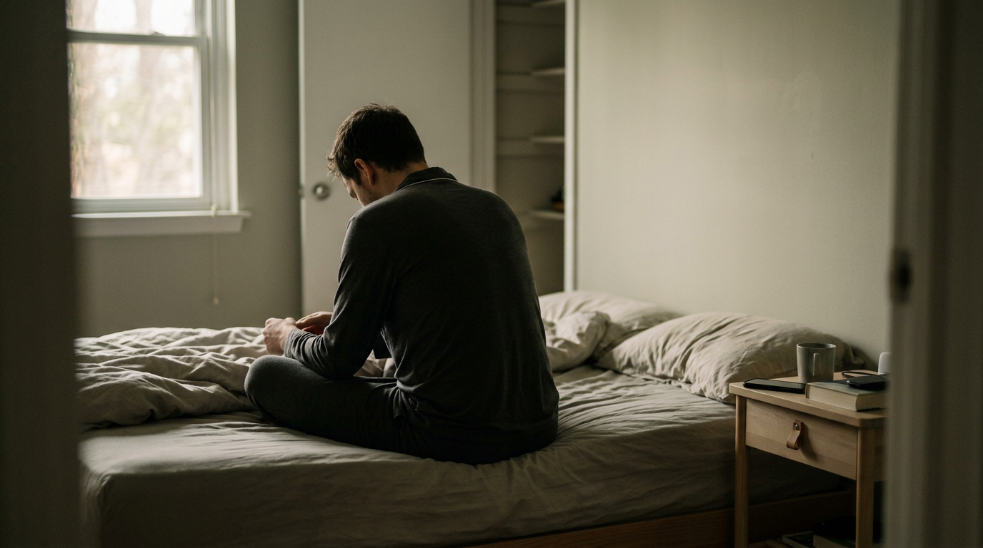 Man waking up groggy and disoriented from sleep.