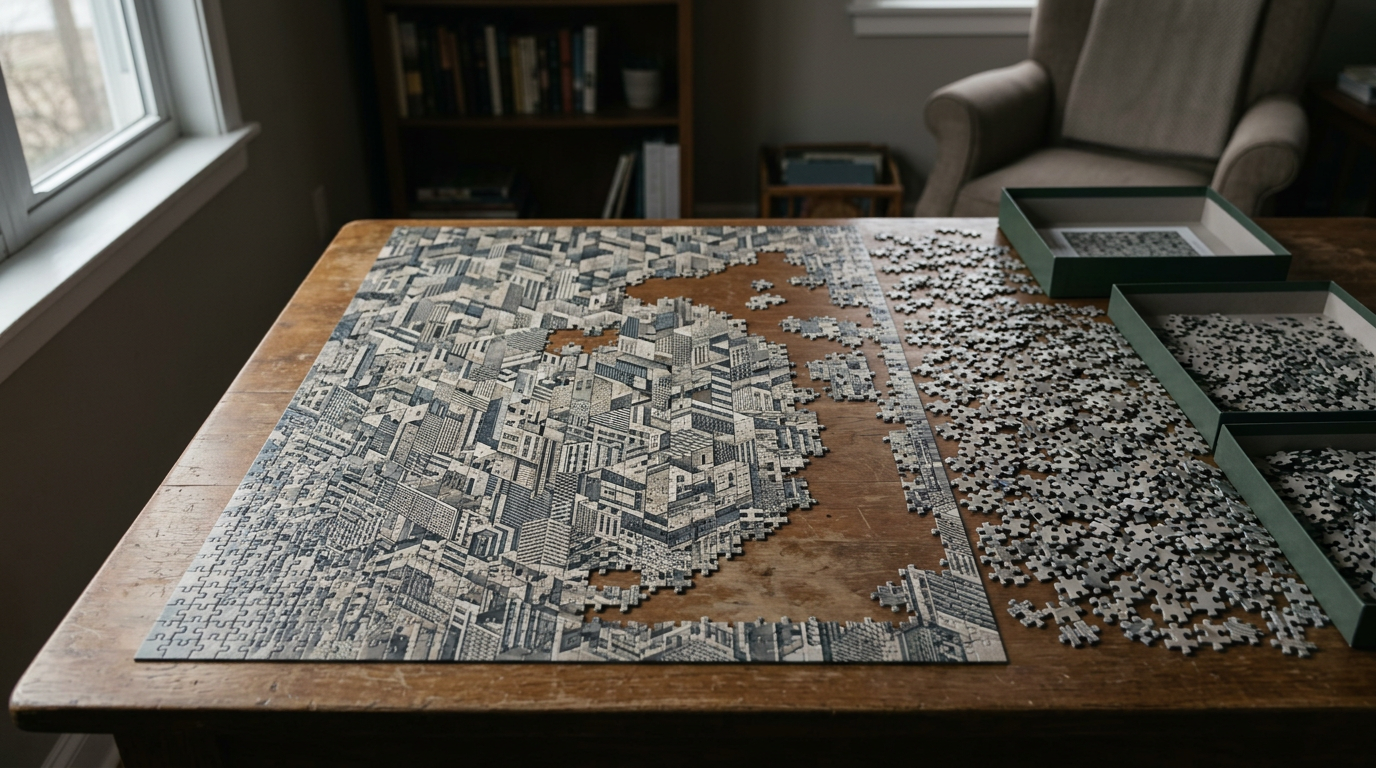 Difficult jigsaw puzzle with repeating patterns, unsolved for years.
