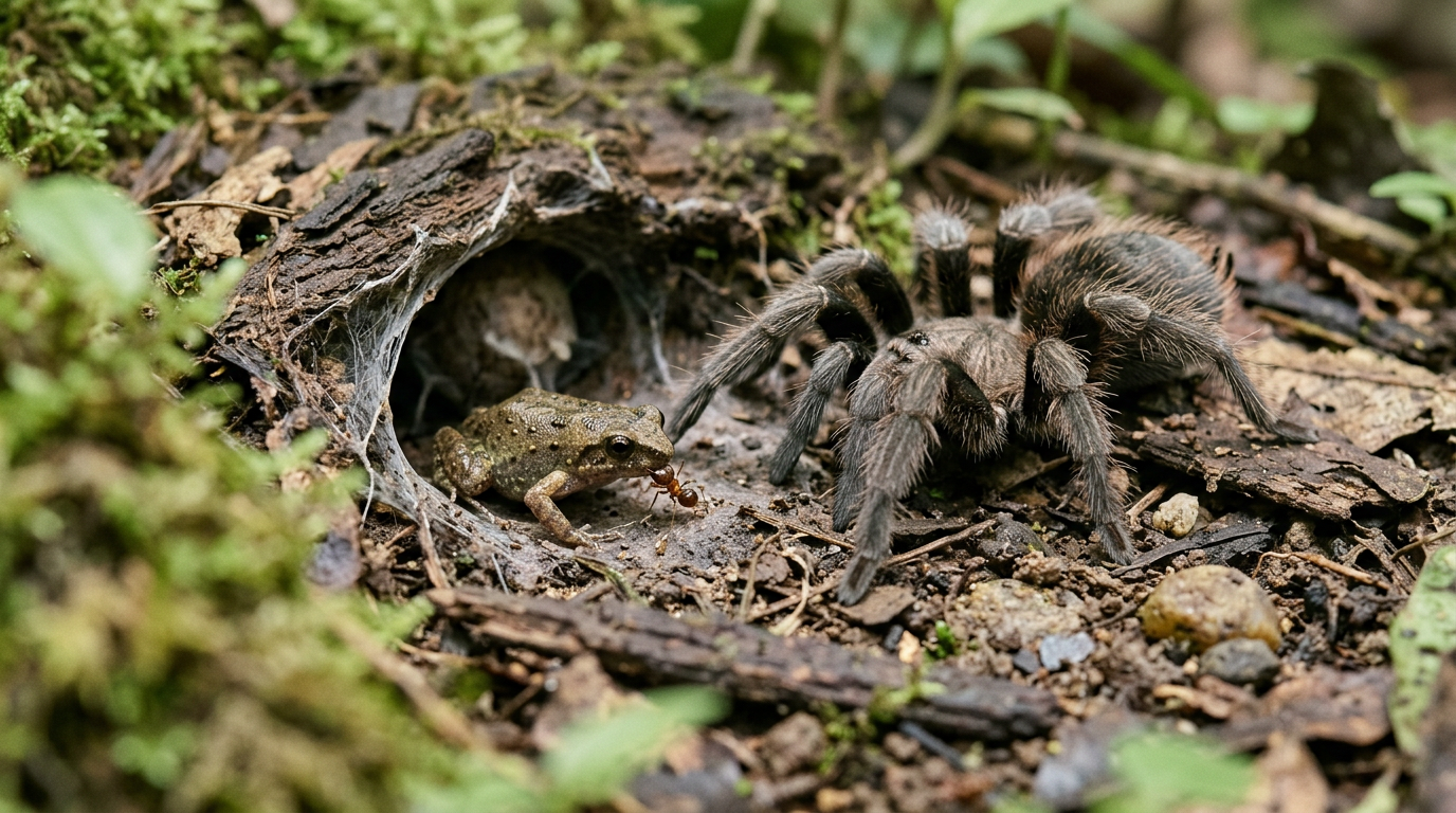 Frogs and tarantulas in mutualistic partnership, frog eats ants near spider eggs.