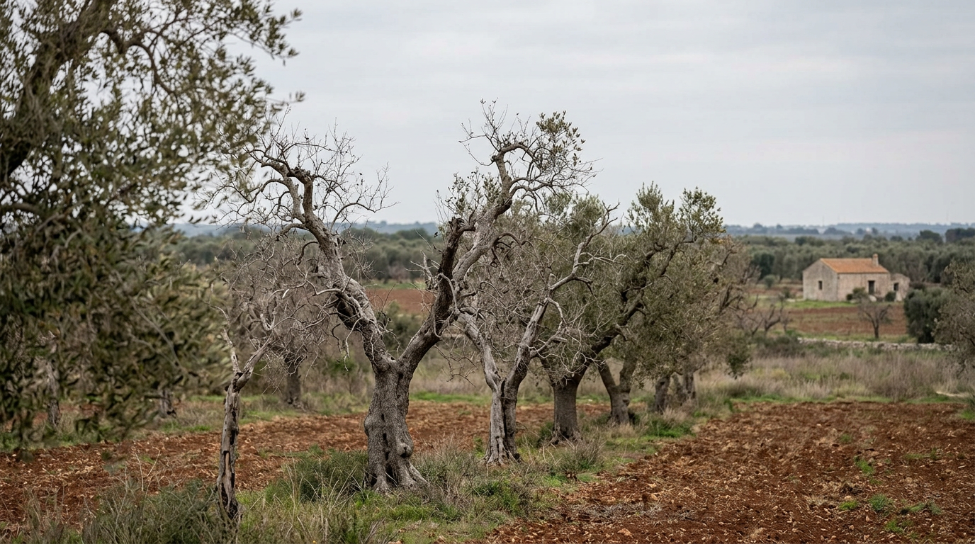 Xylella fastidiosa bacterium on Italian olive tree branch, origin Costa Rica coffee plant.