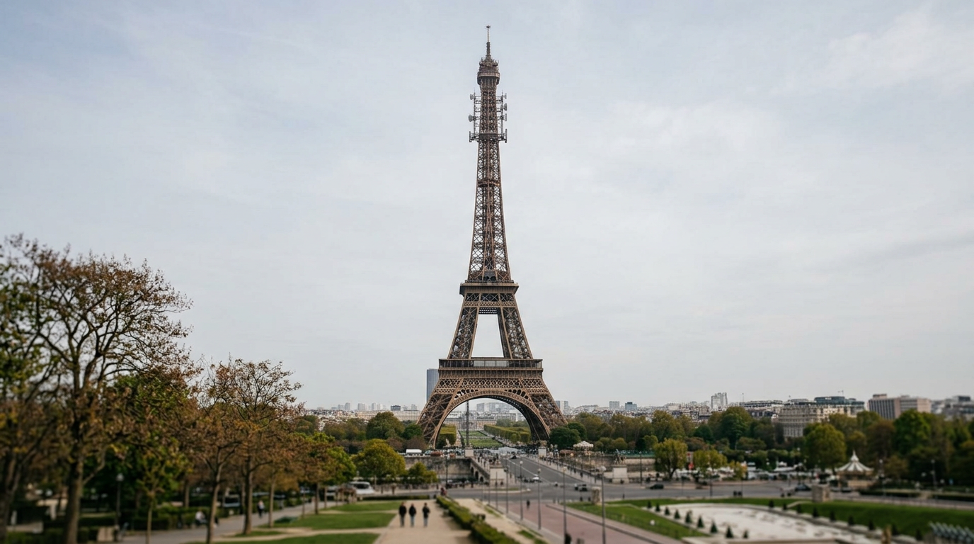 Eiffel Tower with radio antennas, historical Paris landmark saved by technology.