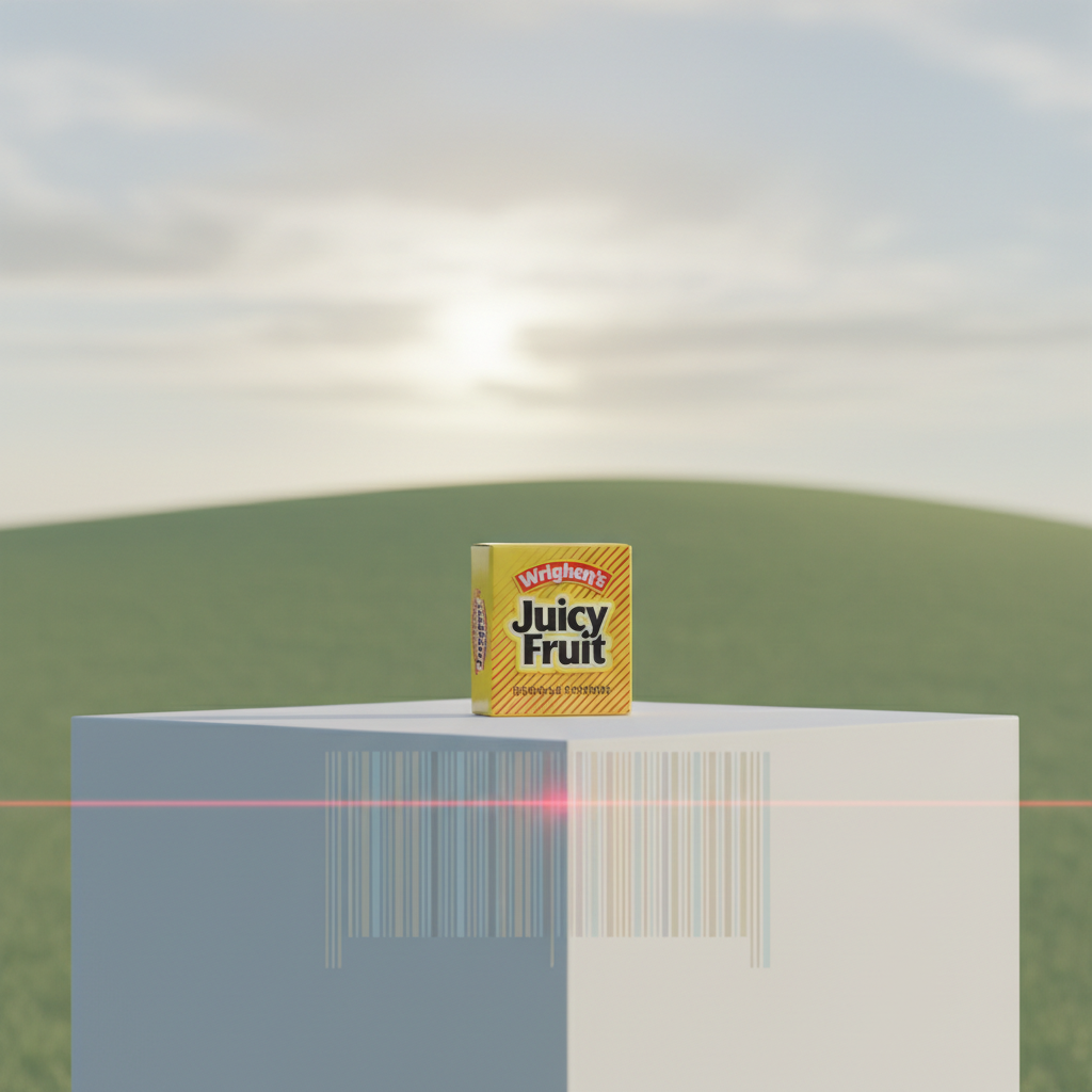 Wrigley's Juicy Fruit gum pack, first scanned item with a barcode