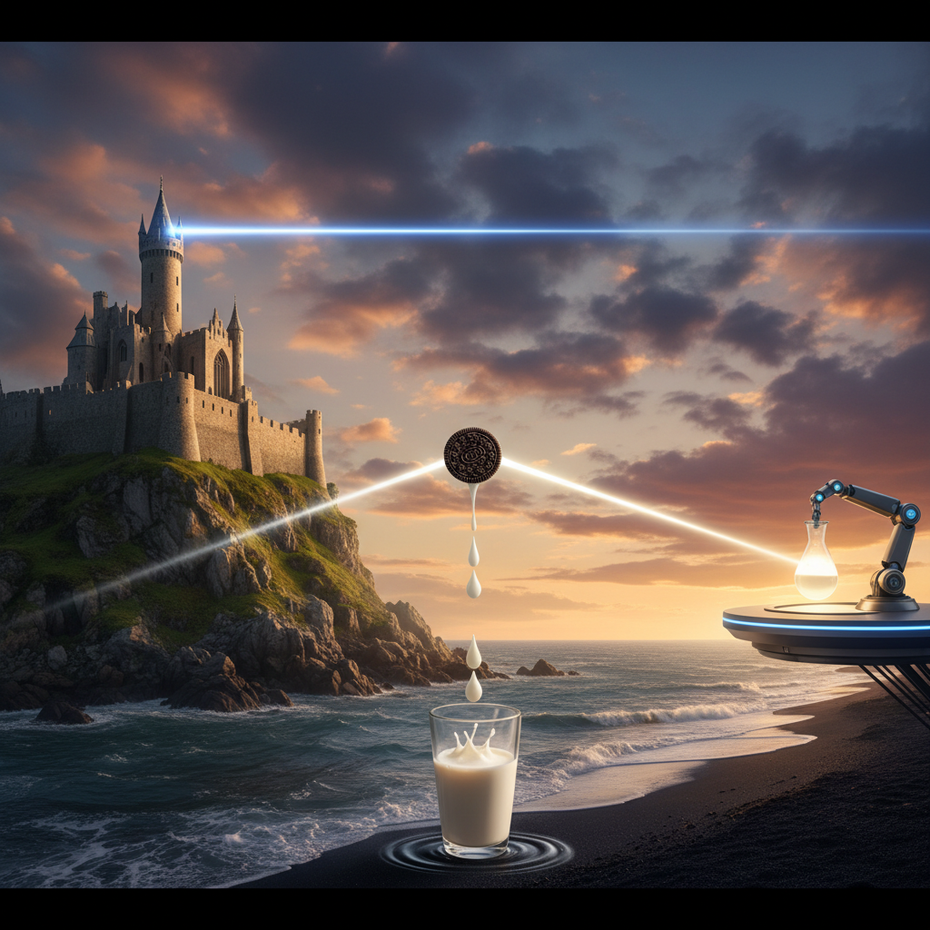 Oreo cookie being dunked in milk.