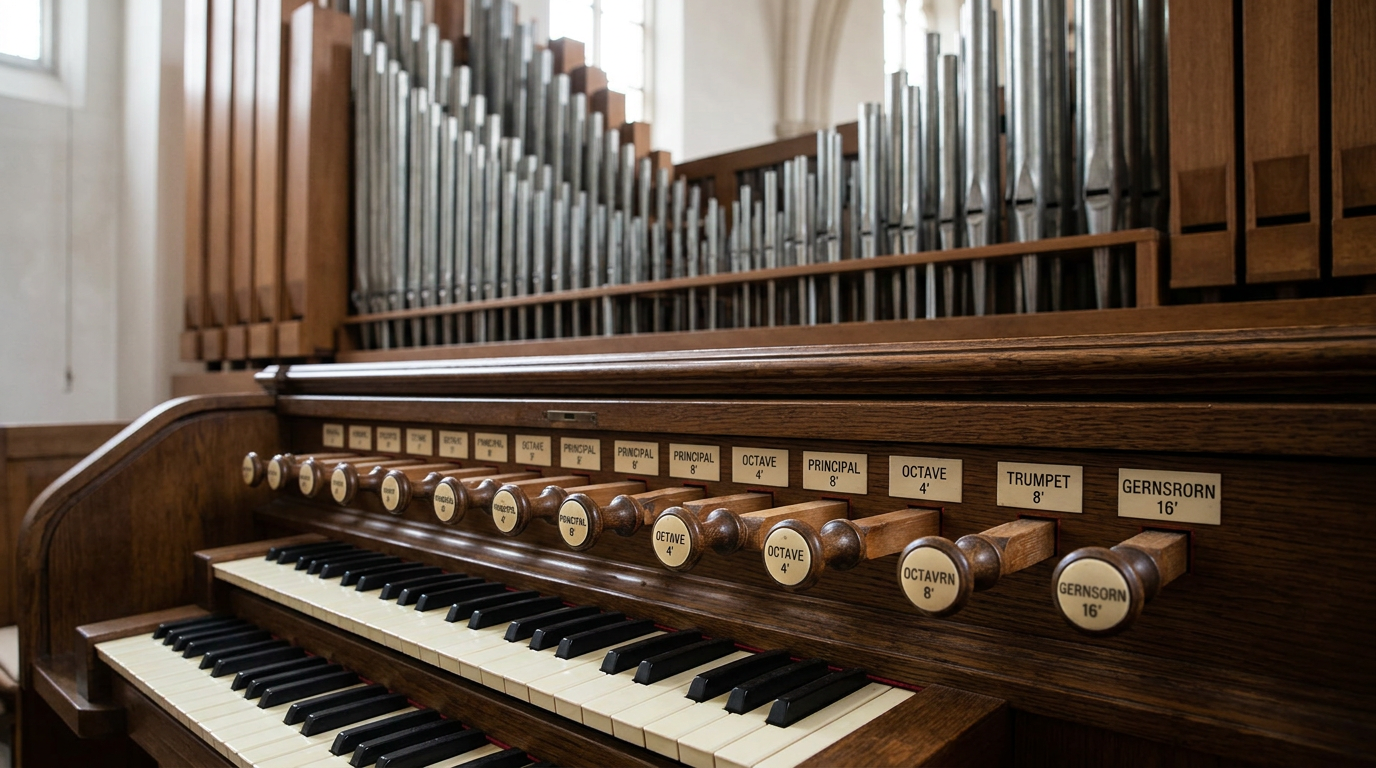 Hand pulling organ stops to increase volume and sound.