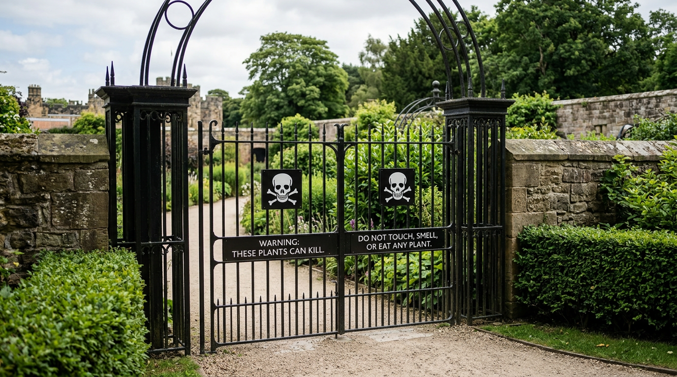 Alnwick Poison Garden with dangerous plants, warning signs.