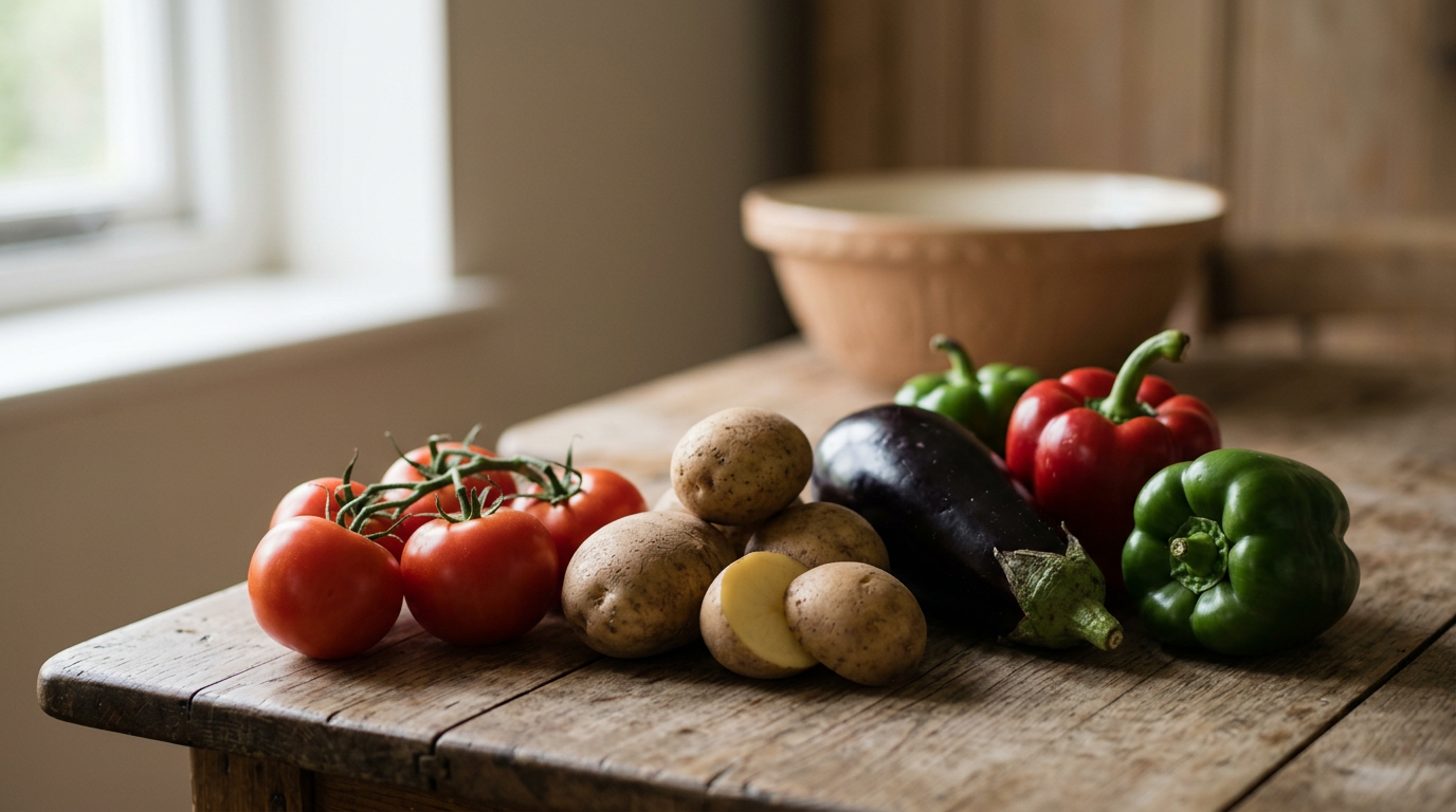 Close-up of ripe red tomato, potato, aubergine, and pepper, showing nightshade family connection.