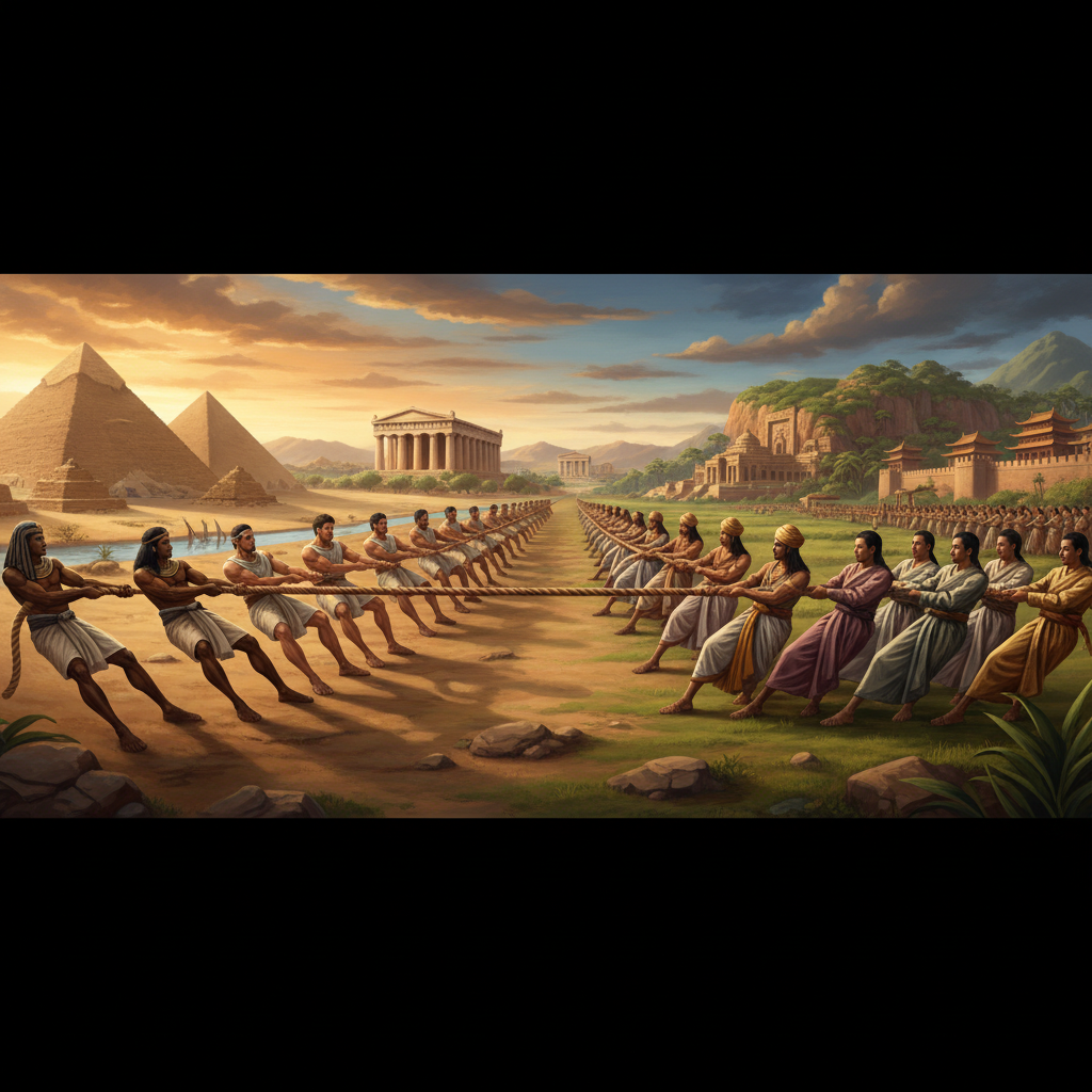 Ancient Egyptian tug of war team practicing.