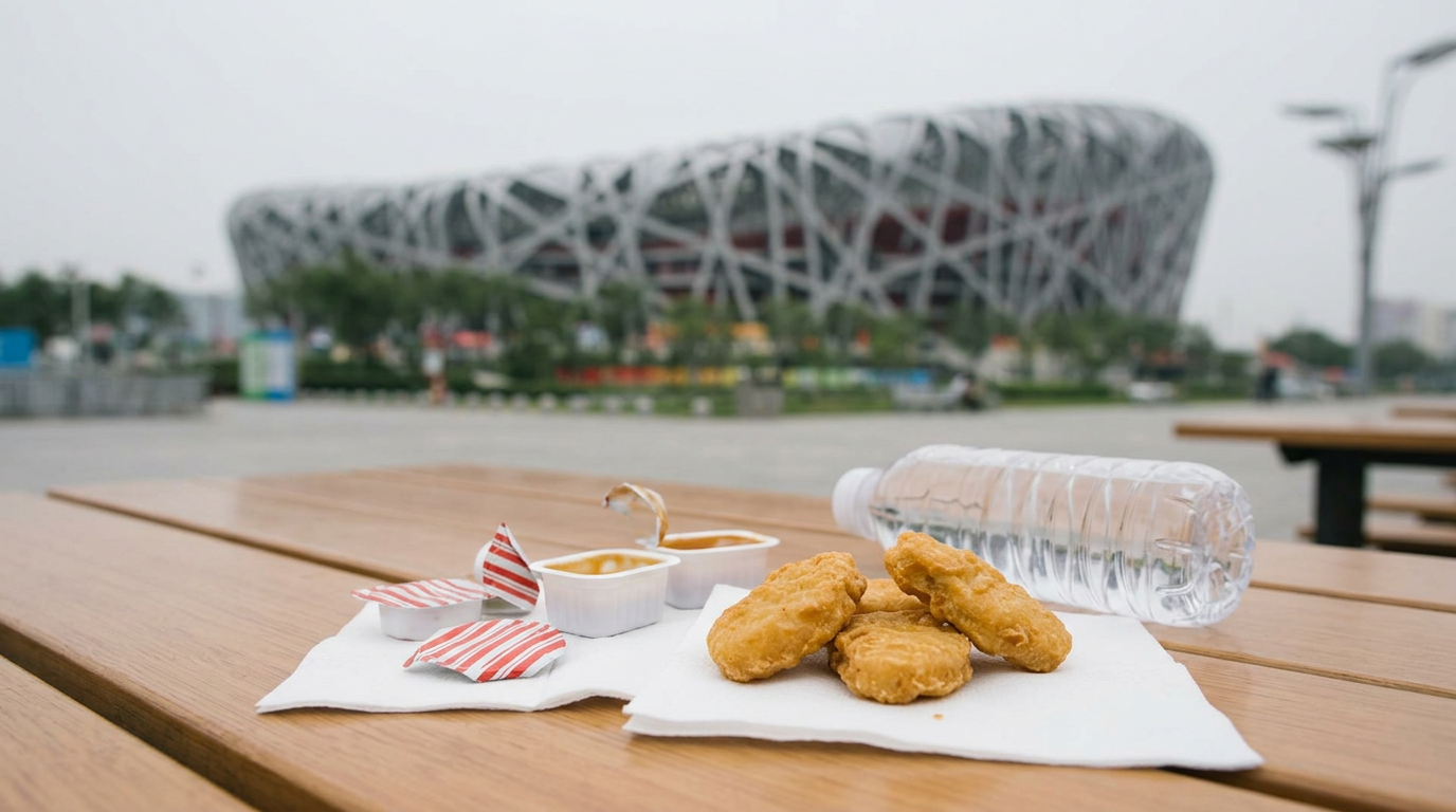 Usain Bolt eating Chicken McNuggets during the 2008 Beijing Olympics.