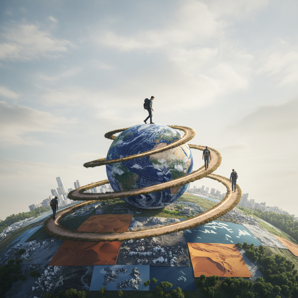 Man wearing a backpack walks on a scenic mountain trail.
