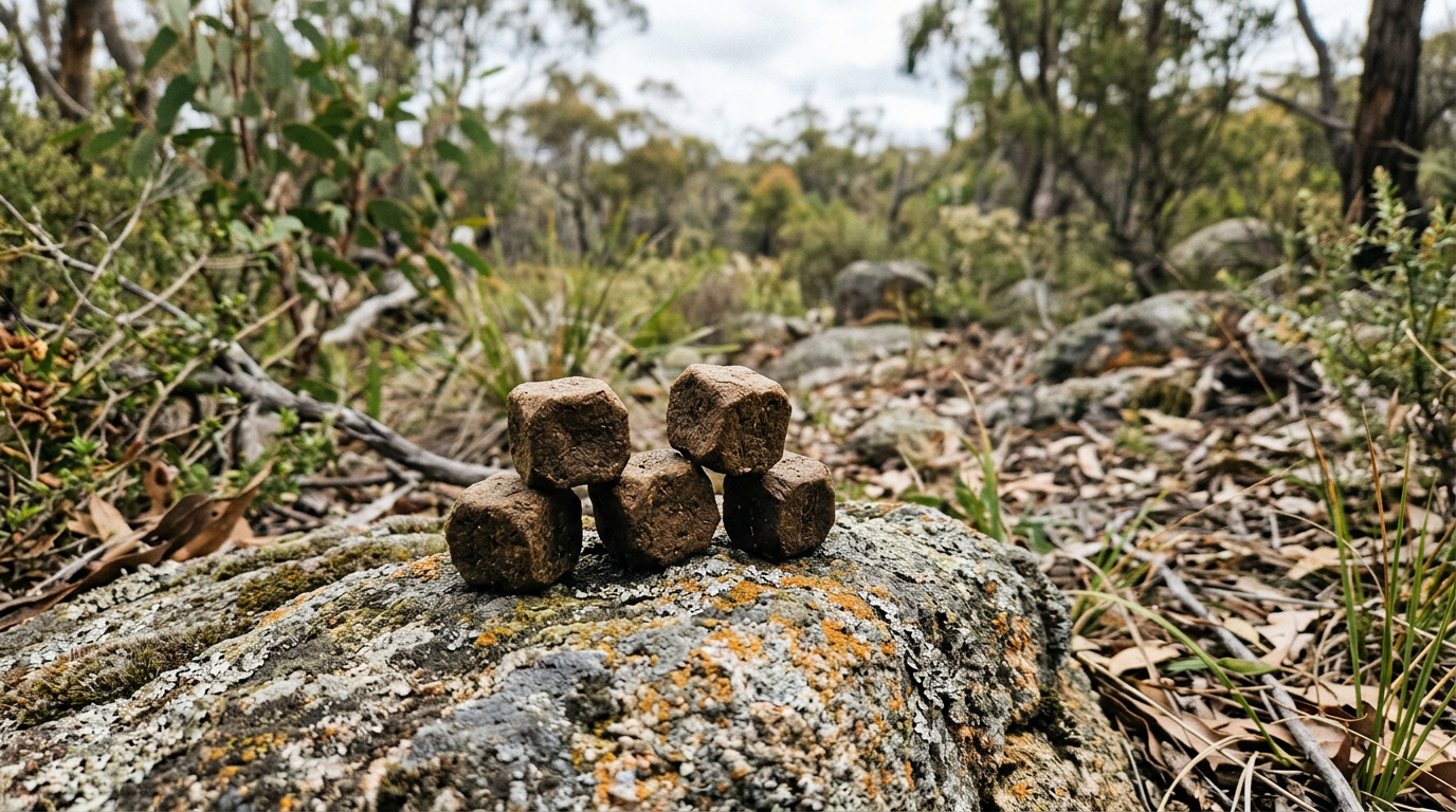Wombat's cube-shaped poop on grassy ground