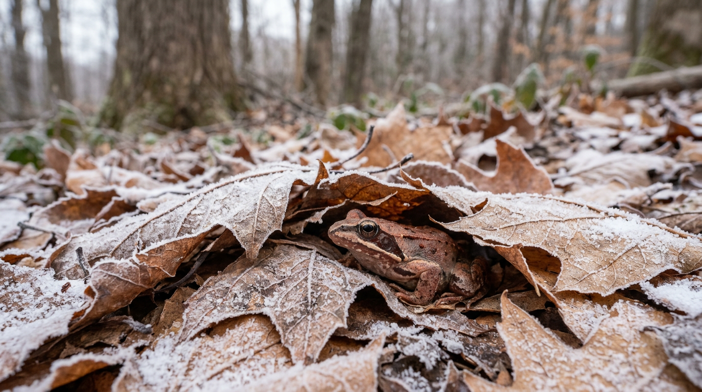 Wood frog with frost on its back, showcasing natural cryoprotectants.