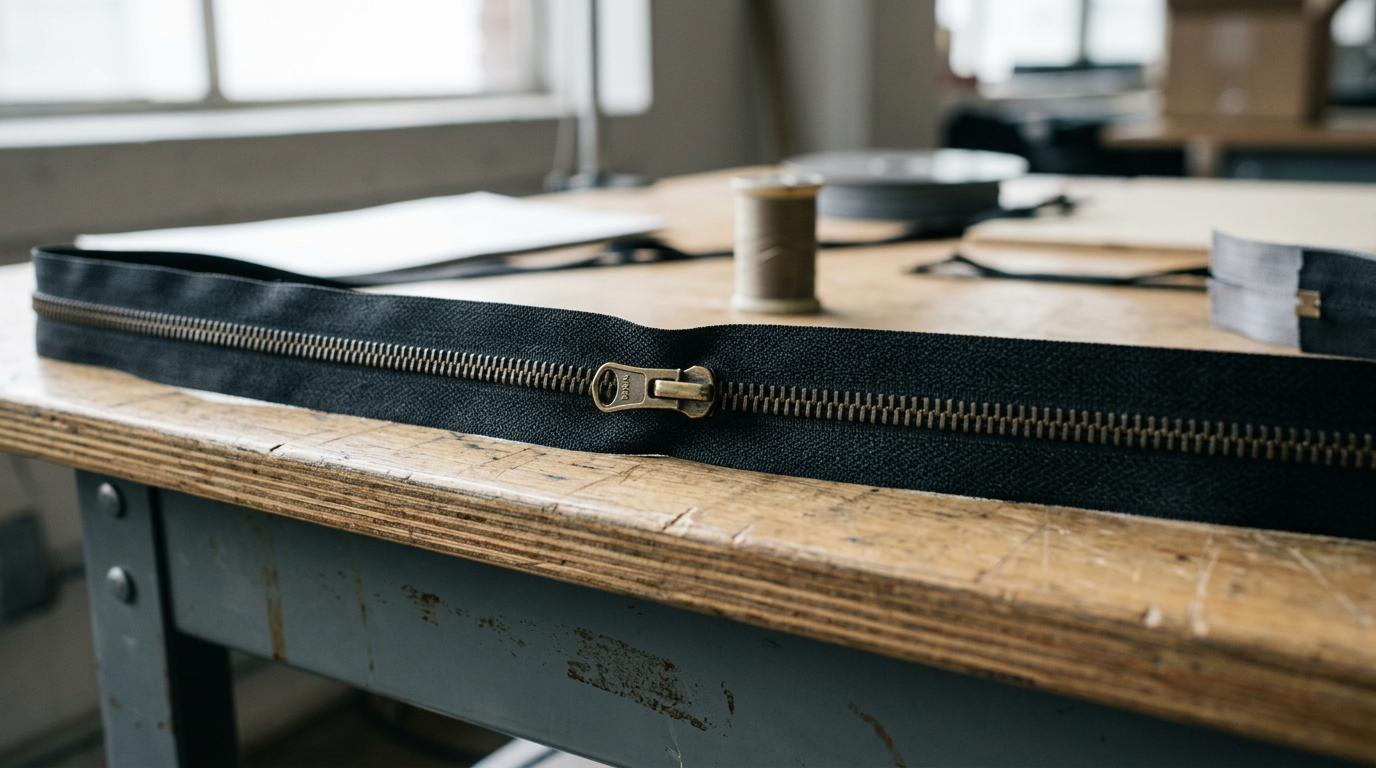 YKK zipper logo and company name, Yoshida Kogyo Kabushikikaisha.