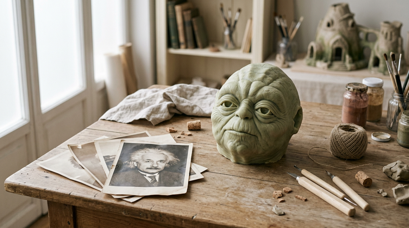 Yoda with Einstein's eyes, implying intelligence.