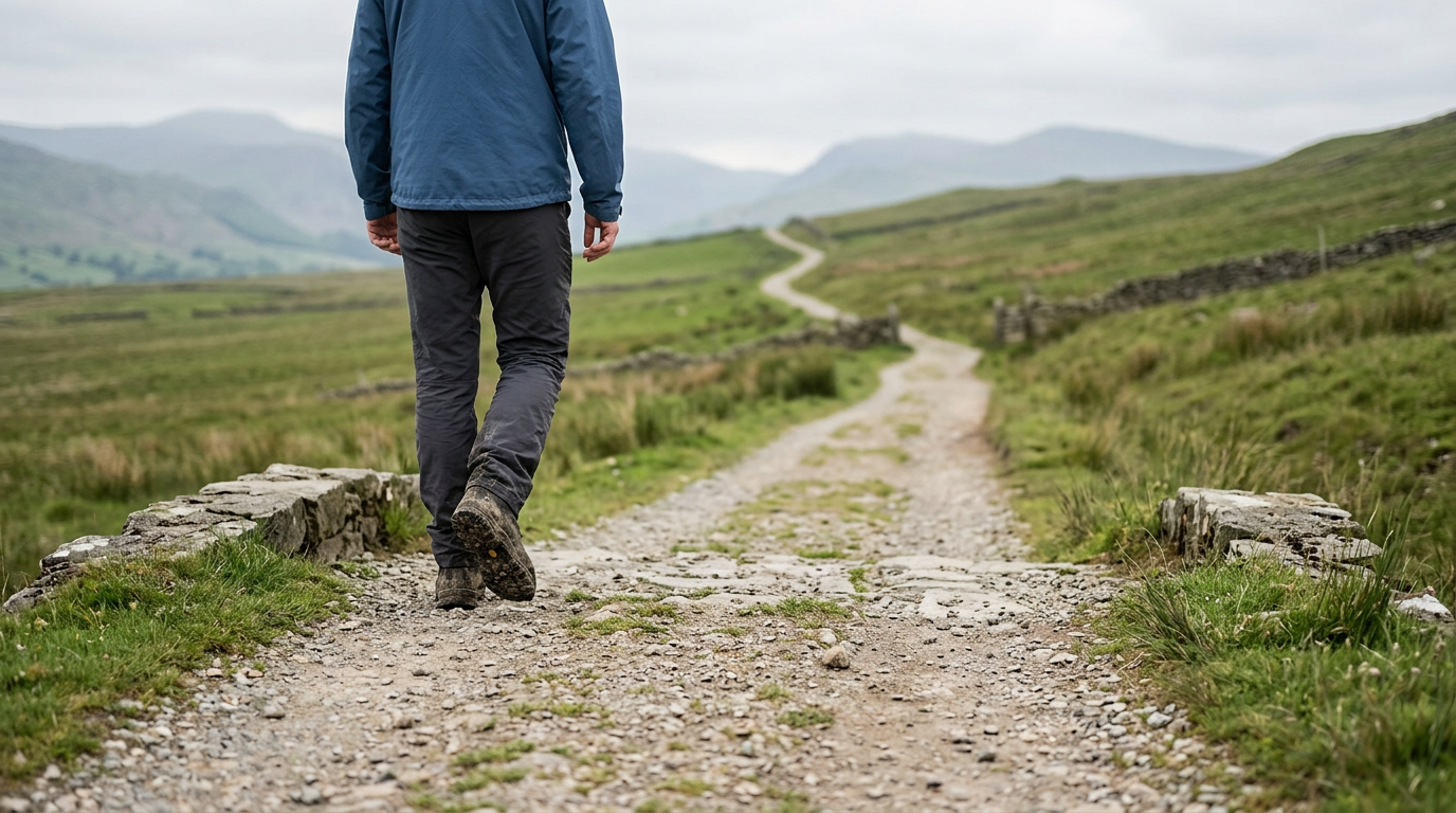 Person taking first step on a path, symbolizing the start of a long journey.
