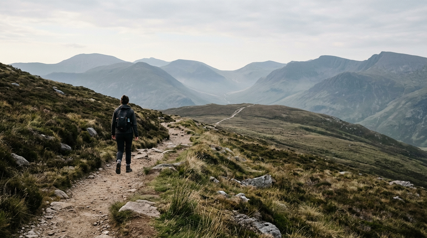 Man climbing a mountain towards the sunrise.