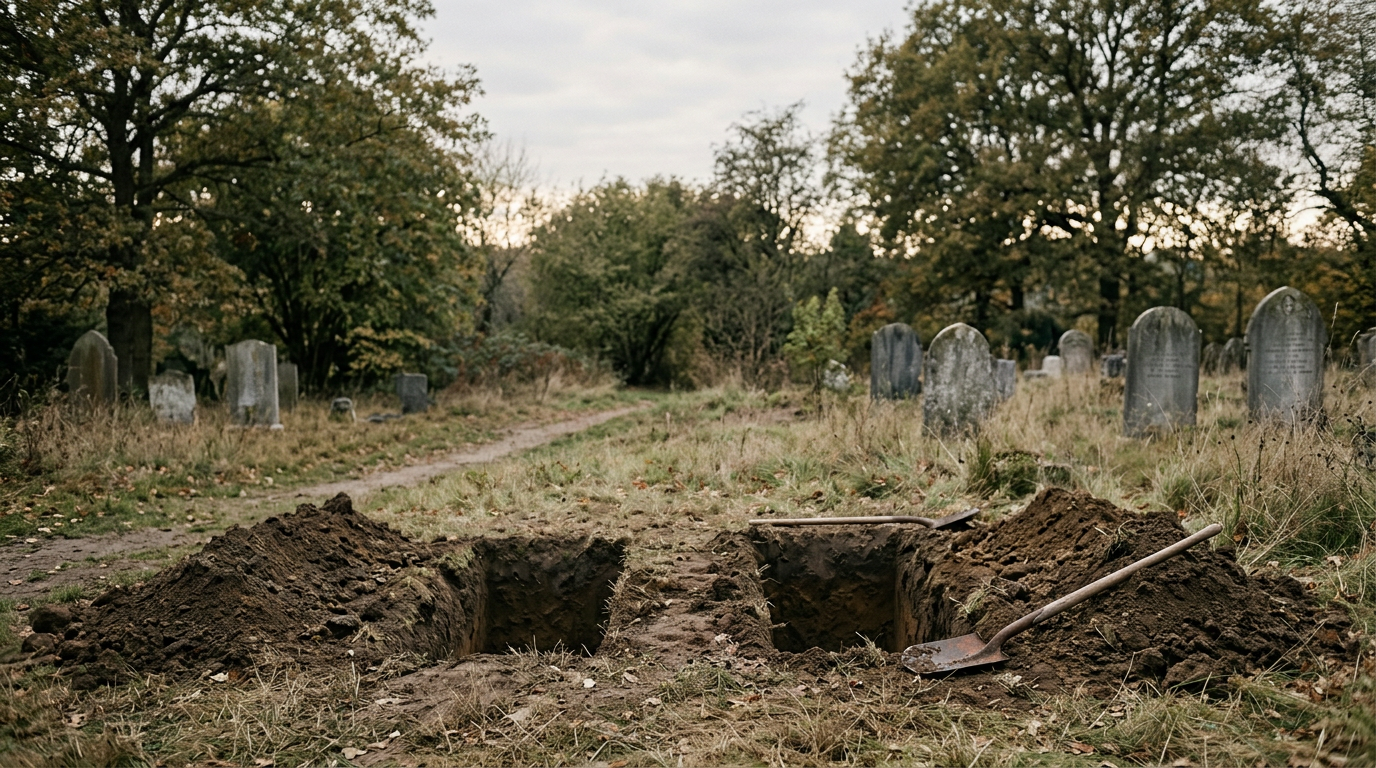 Dark silhouette of a person standing between two freshly dug graves under a moody sky.
