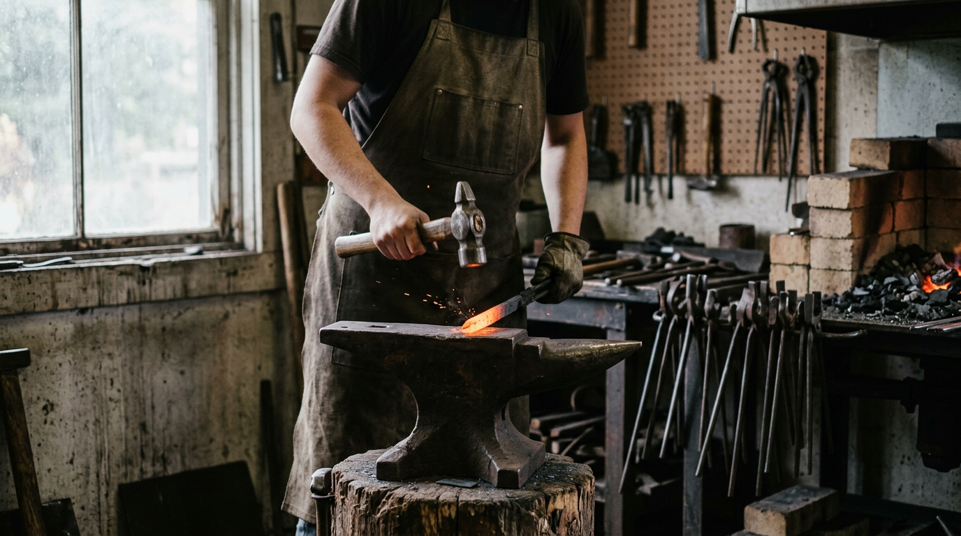 Forging hot iron with a hammer on an anvil.