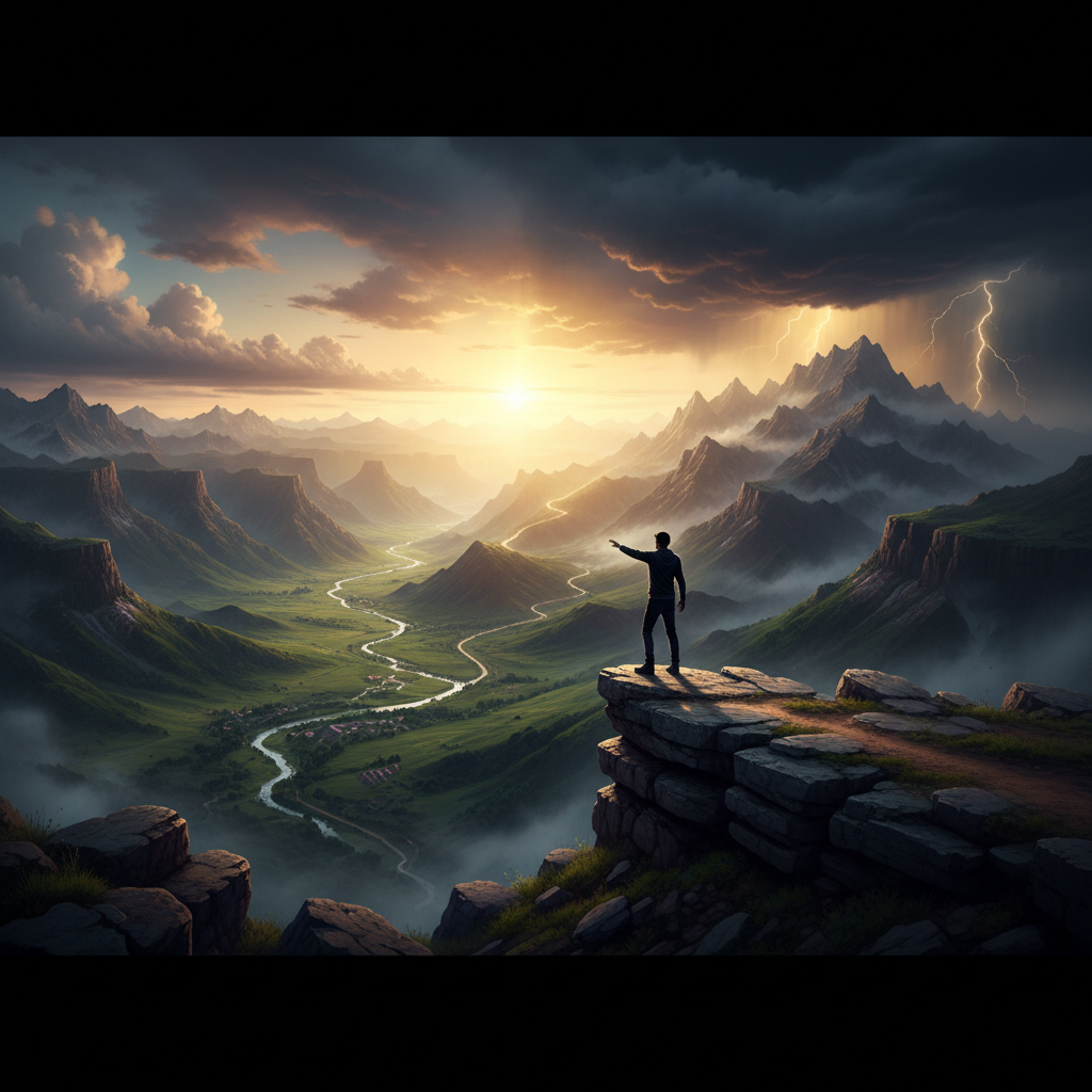 Person choosing path towards bright distant goal, leaving behind comfortable, dark path.