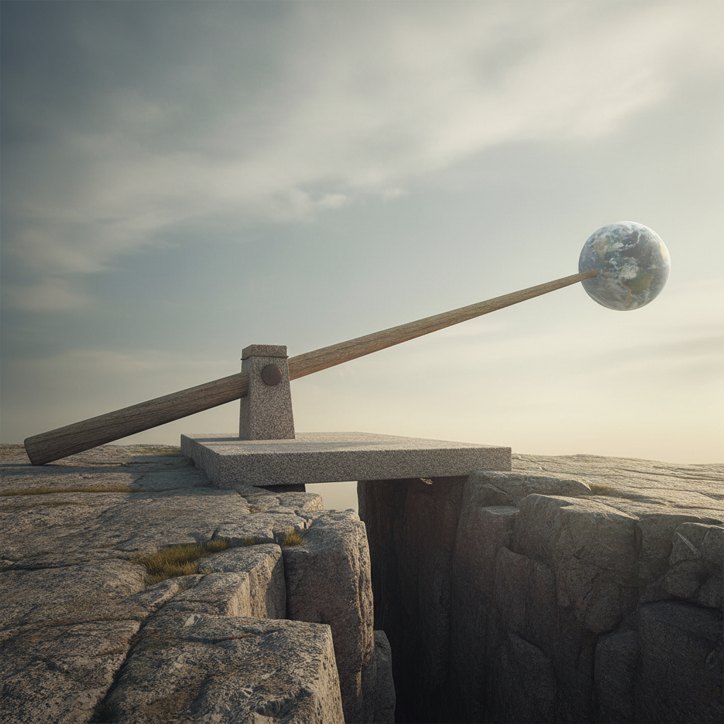 Architectural illustration of a lever lifting a globe