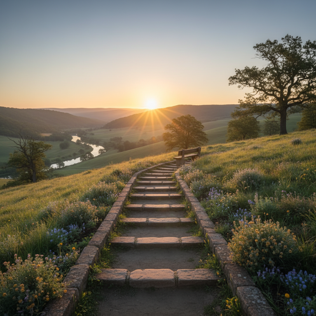 Person smiling, with hands outstretched towards a rising sun.