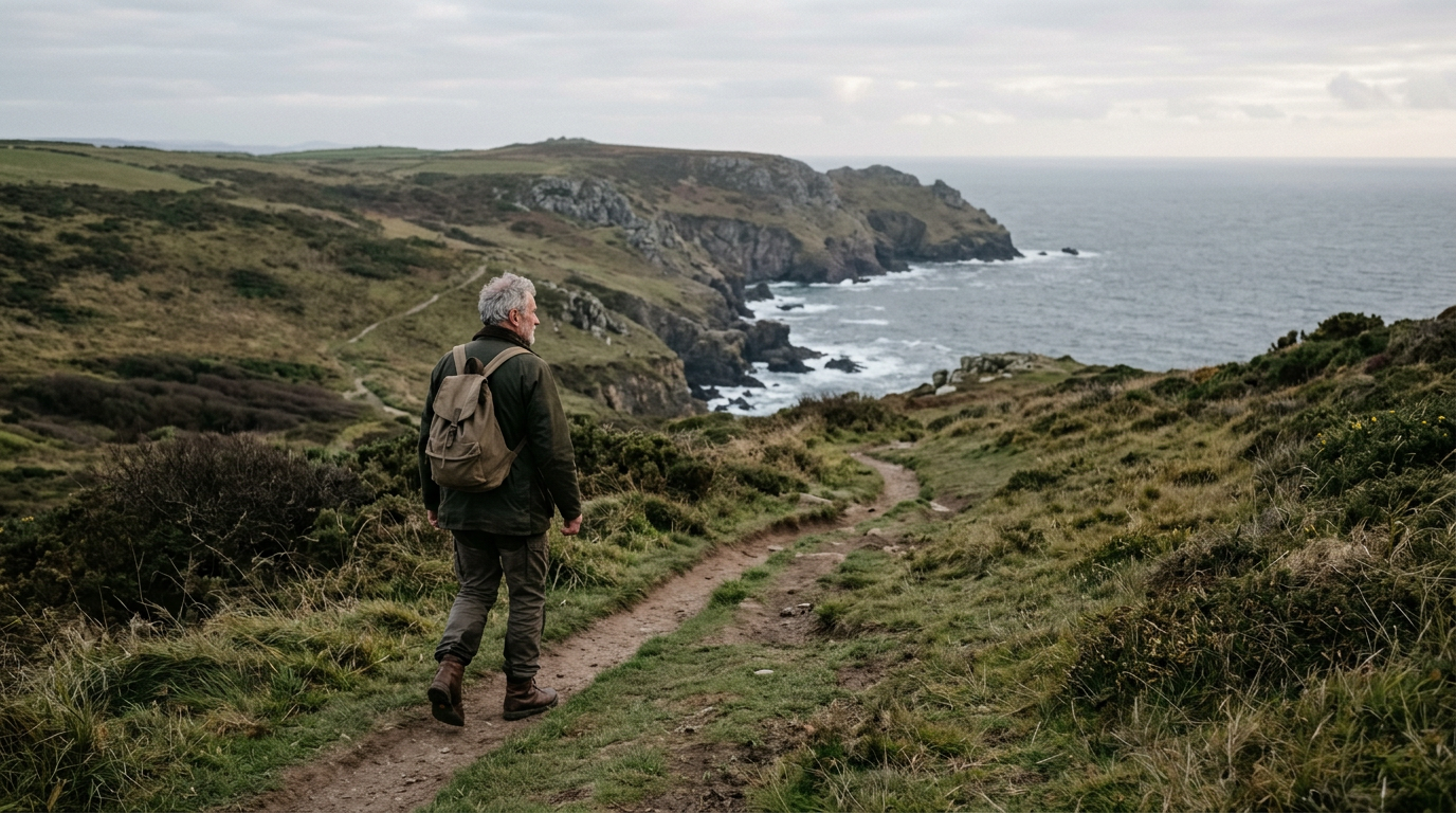 Man looking determinedly at a vast, unknown landscape, symbolizing courage and purpose.