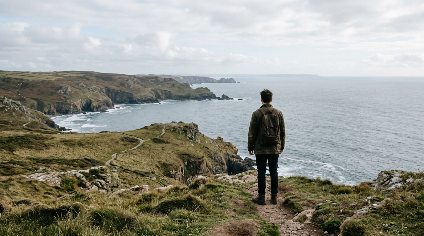 Person standing triumphantly on a mountaintop, representing self-mastery and achieving goals.