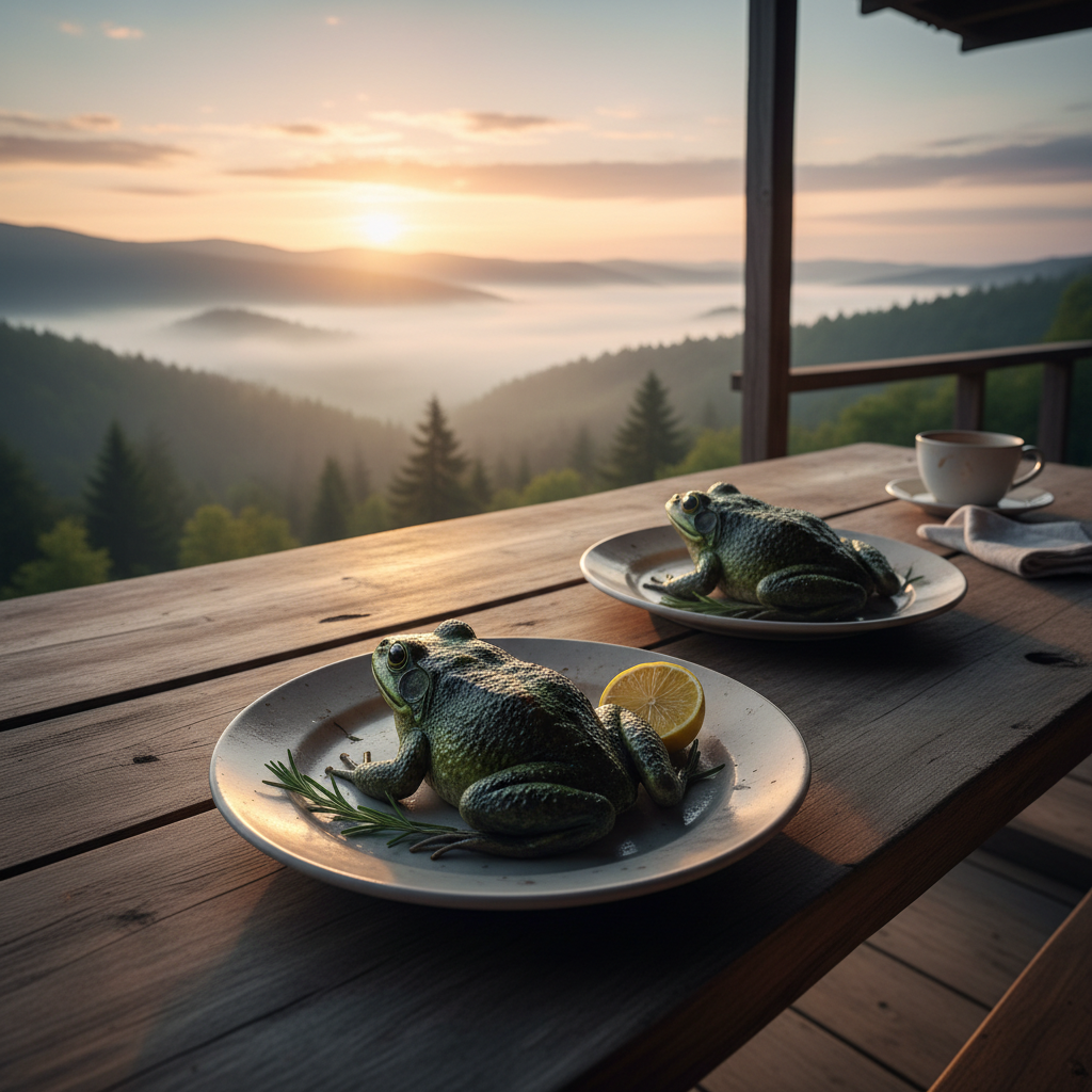 Man eating a frog, symbolizing tackling unpleasant tasks first.