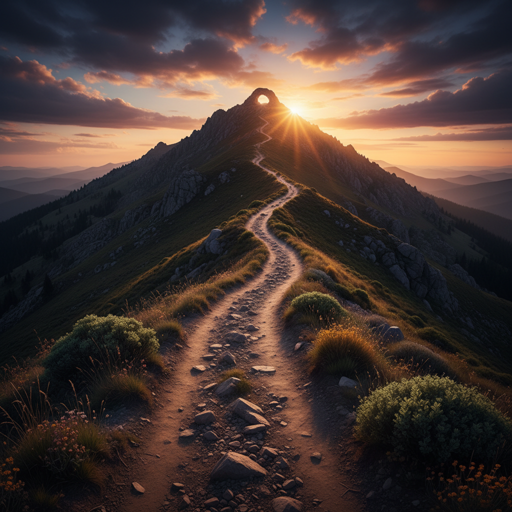 Man reaching summit, celebrating success after hard work.