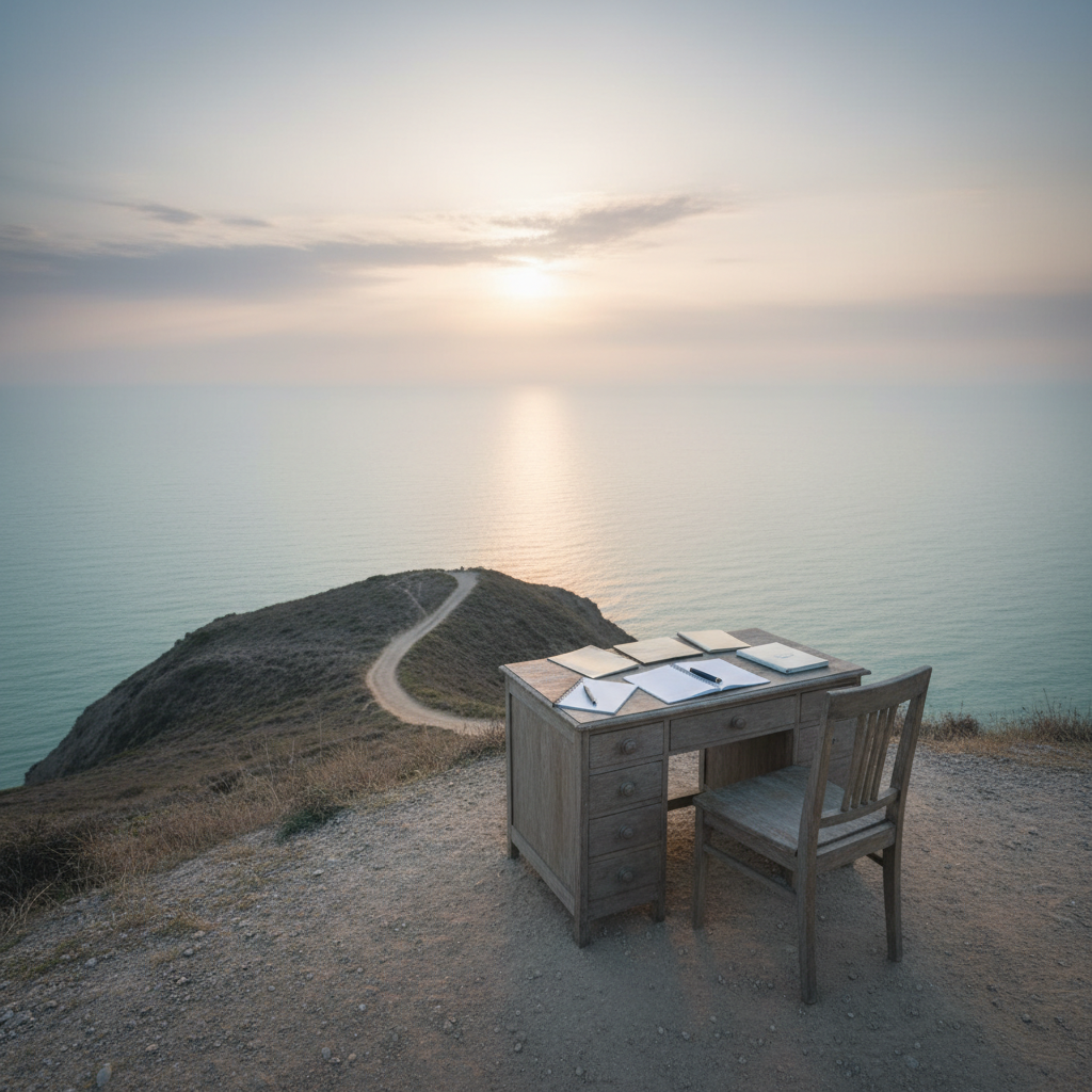 Artist working at a desk, inspired.