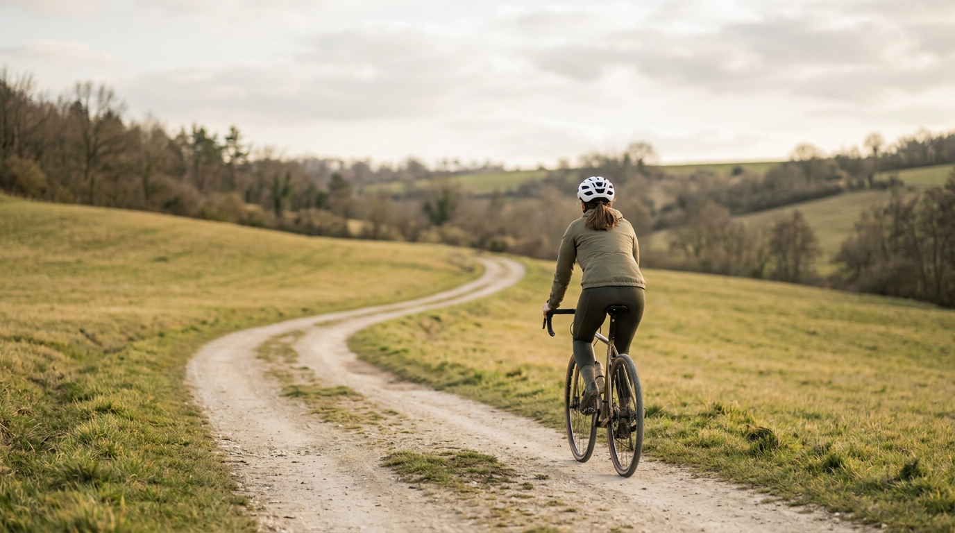 Person riding a bicycle, symbolizing forward motion and balance.