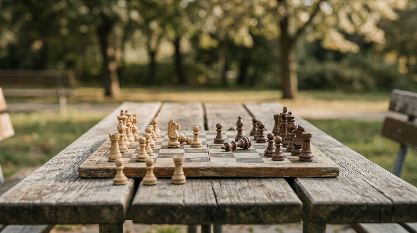 Man playing chess against a stormy sky, symbolizing life's challenges.