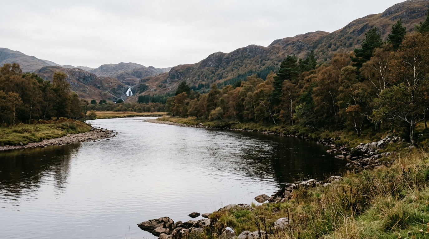 Turbulent waterfall flowing into a calm river, symbolizing change.