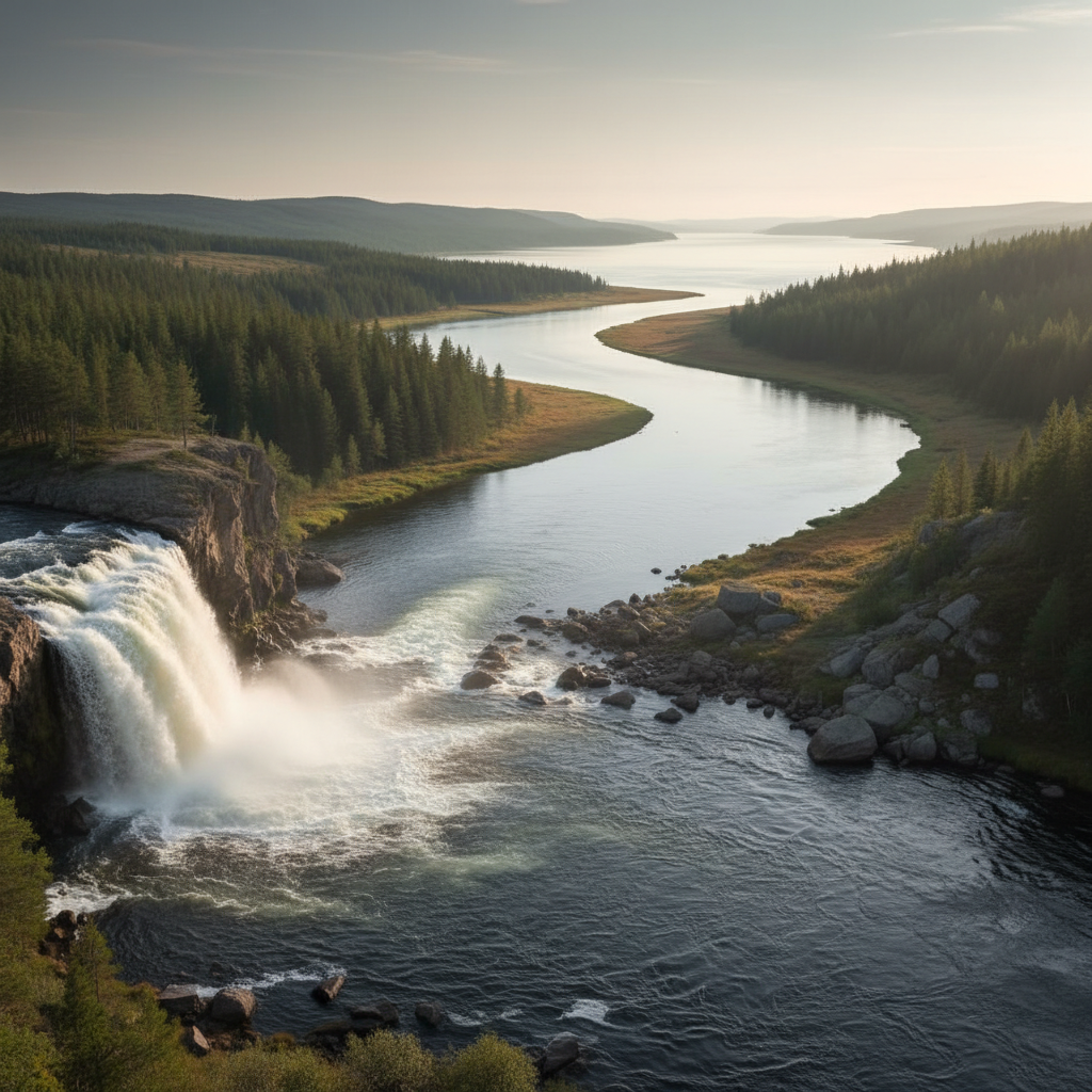 Water flowing down a waterfall into a calm river.