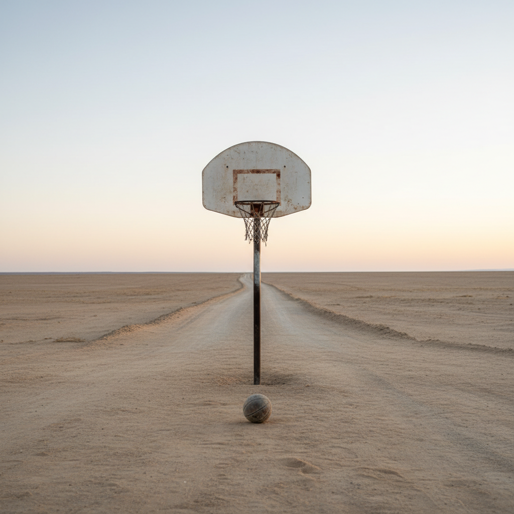Man taking a basketball shot toward hoop.
