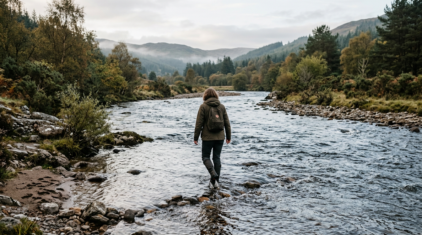 Man and river in constant flux, illustrating Heraclitus' philosophy of change.