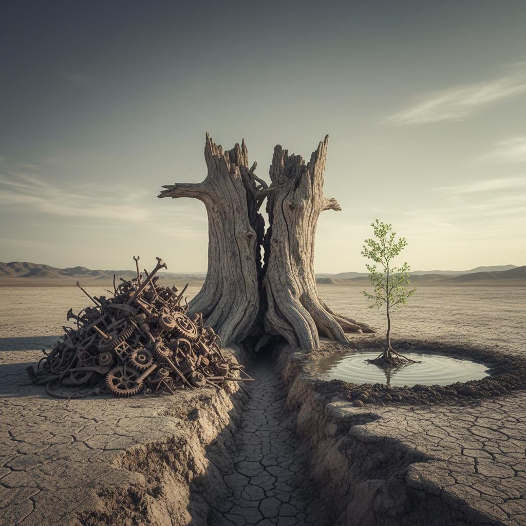 Modern art of two figures arguing, leading the eye to a bright, abstract background.