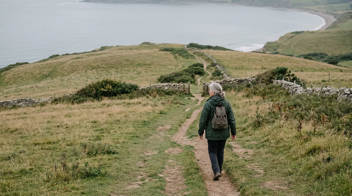 Person walking towards a sunrise over a mountain peak, symbolizing progress and change.