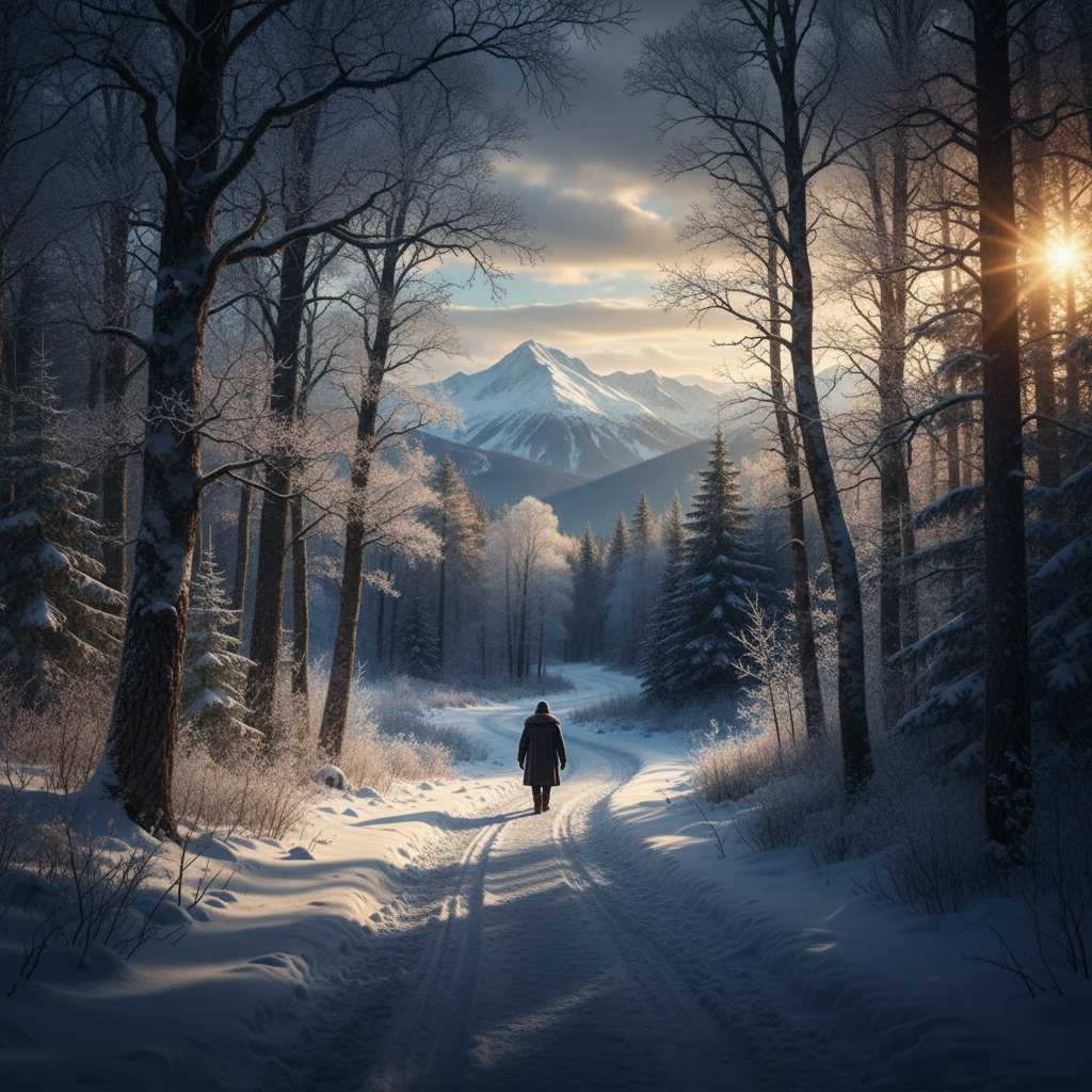 Robert Frost, American poet, standing in autumn landscape.