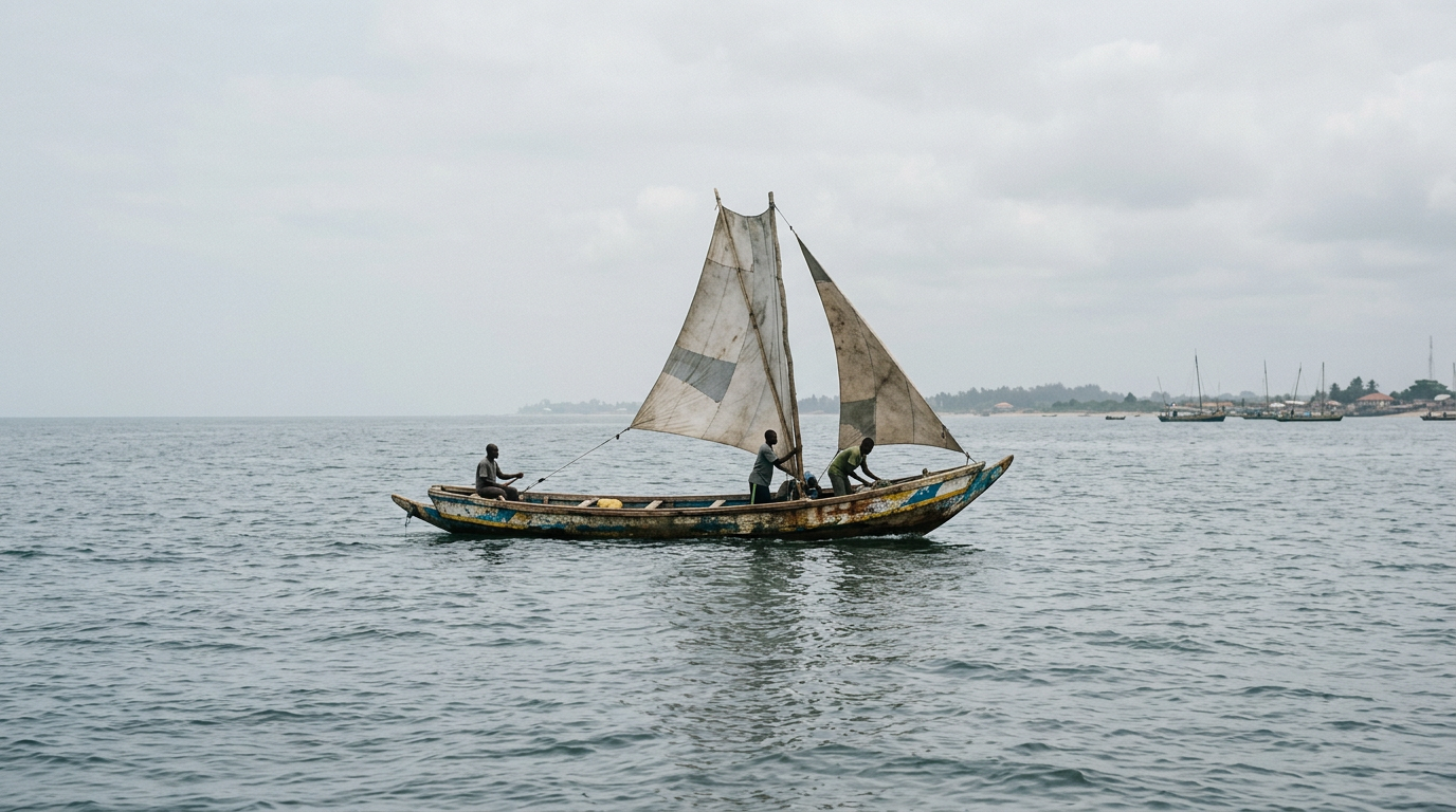 Man facing rough seas on a small boat, symbolizing overcoming challenges.