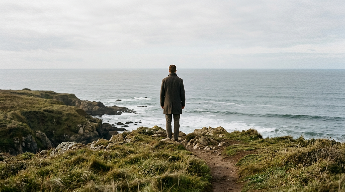 Man standing tall, shoulders back, looking confident and determined.