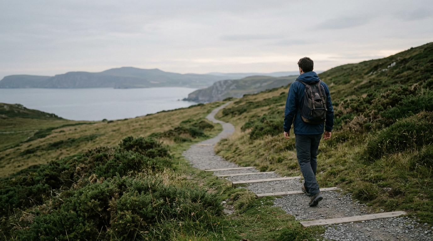 Person standing on mountaintop, accomplishing the impossible with a determined expression.