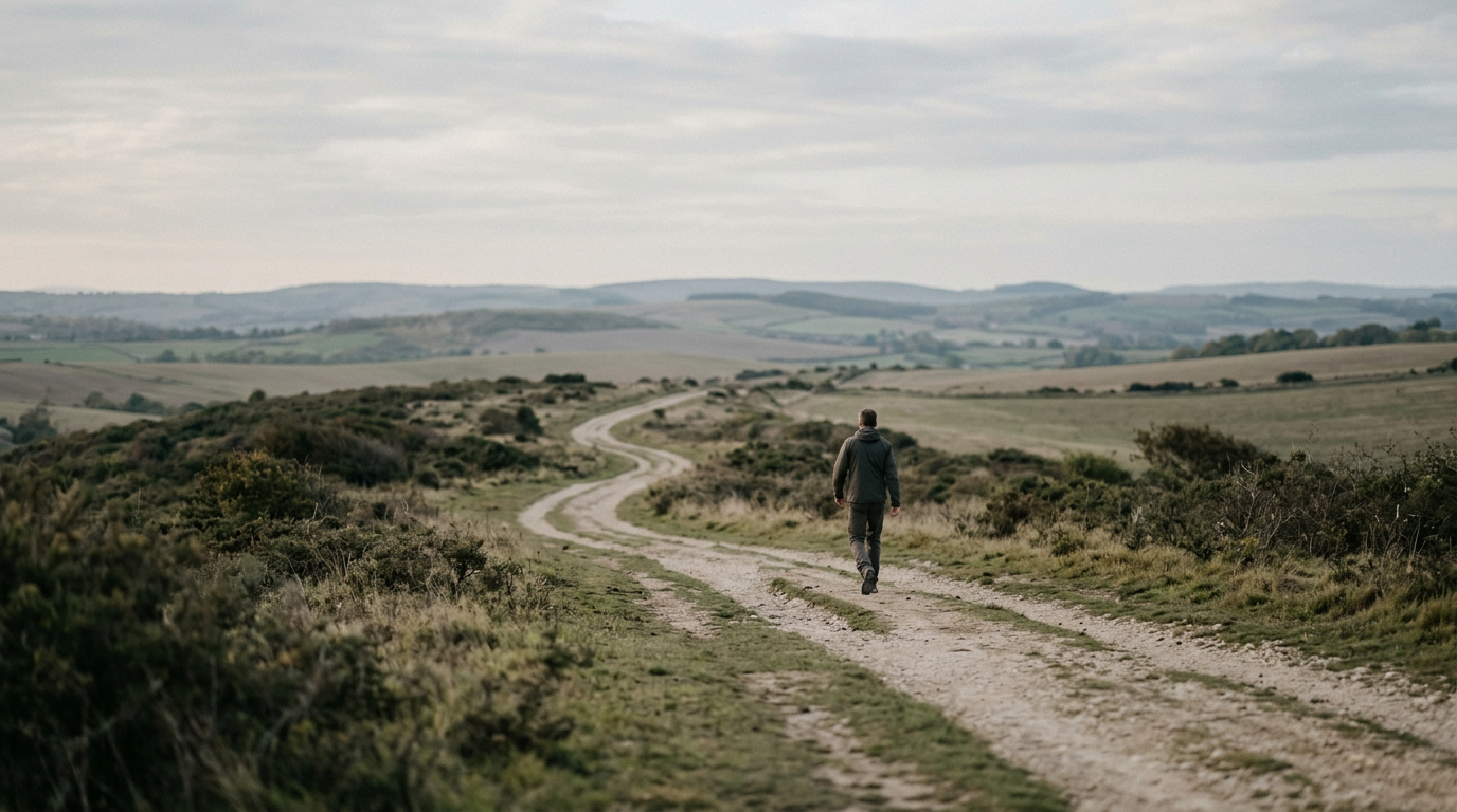 Man taking a step forward on a path toward a bright future.